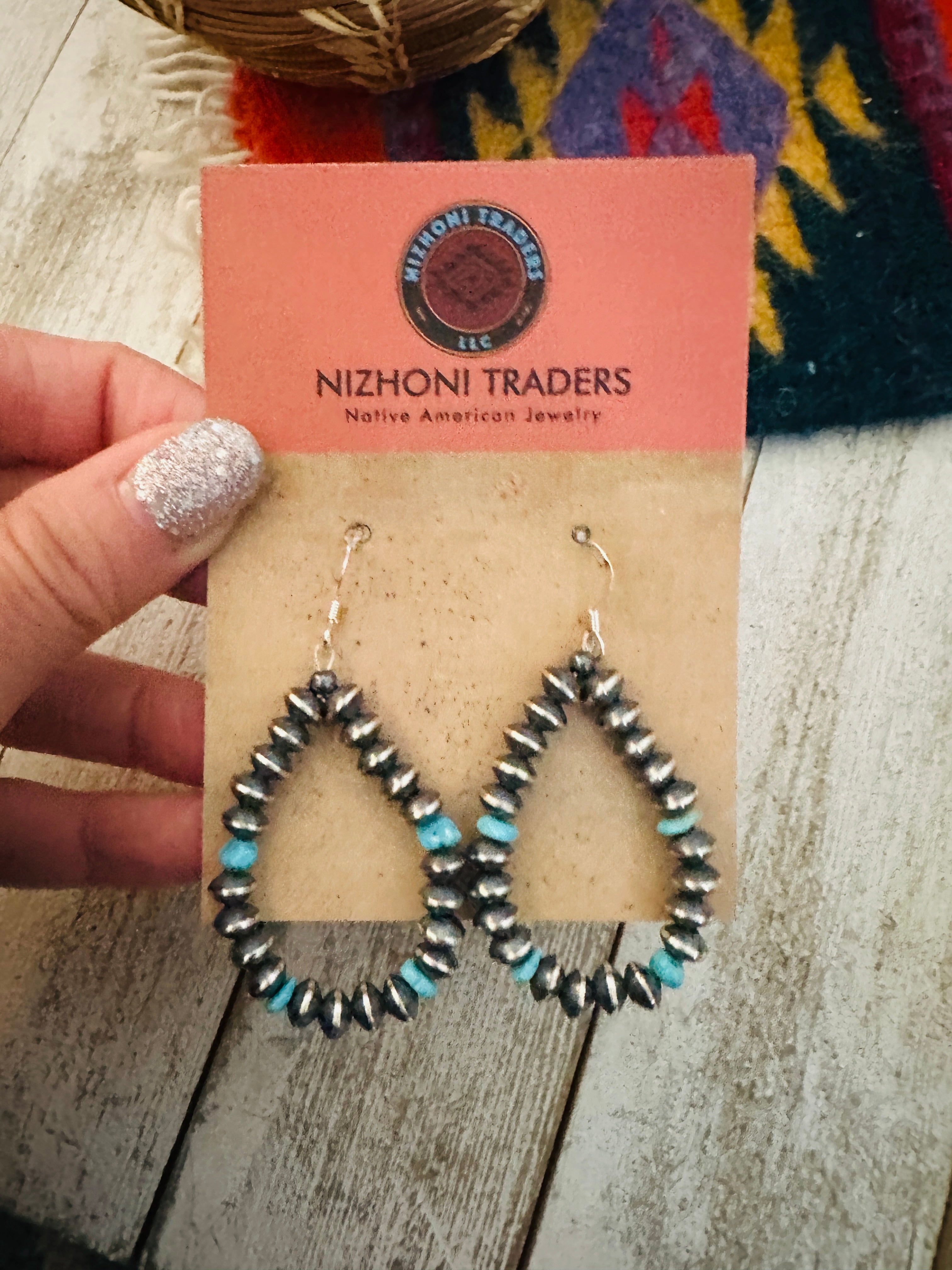 Navajo Turquoise & Sterling Silver Beaded Hoop Earrings