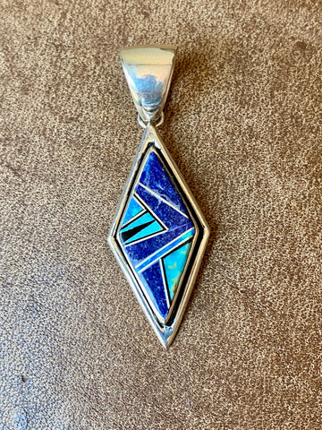 Navajo Lapis, Turquoise, Blue Opal Diamond Shape Pendant