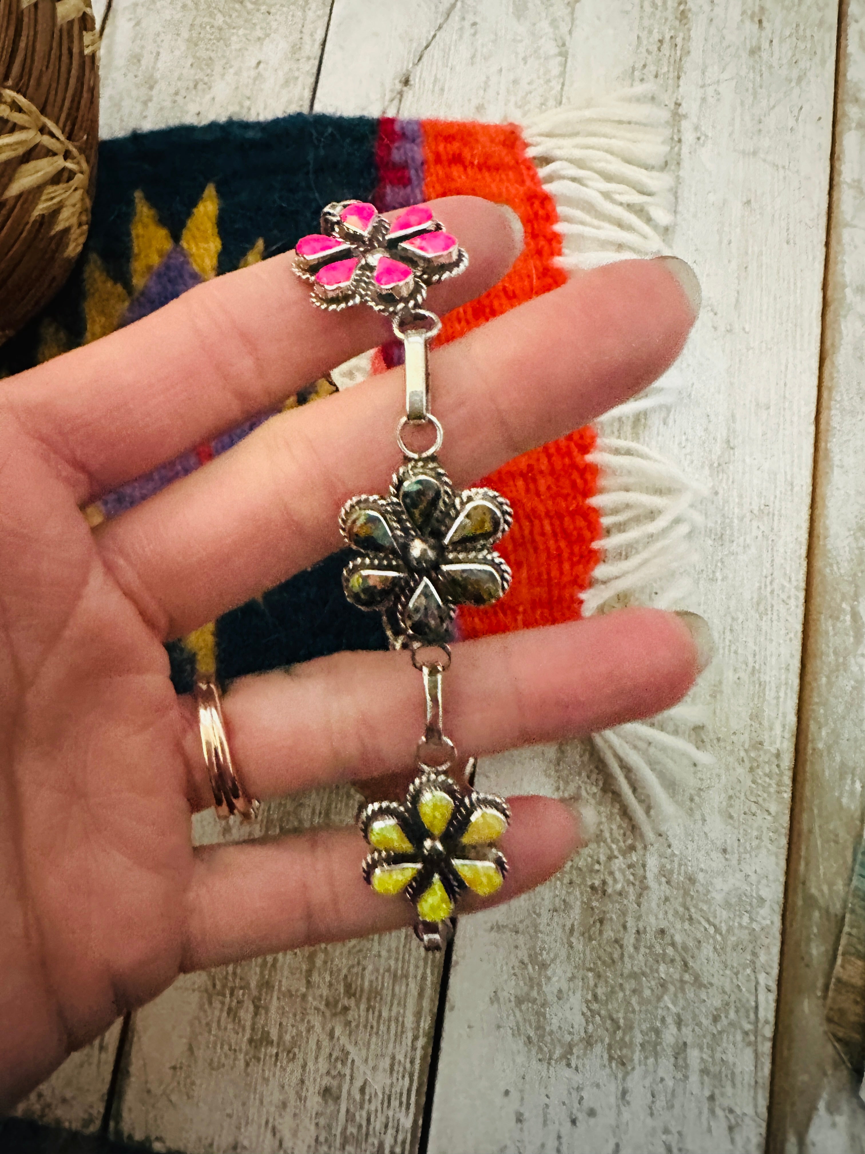 Zuni Multicolor Opal & Sterling Silver Flower Link Bracelet