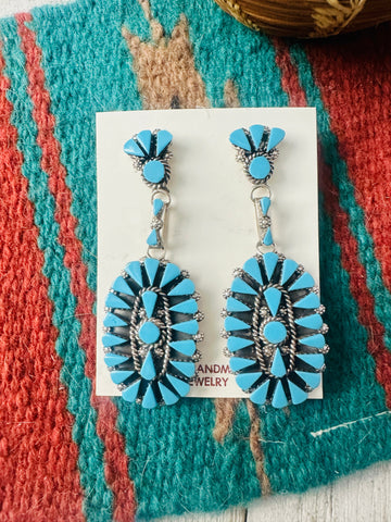 Zuni Sterling Silver & Turquoise Cluster Dangle Earrings