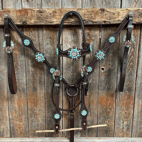 Dark Oil Basketweave Turquoise and Clear Browband Tack Set