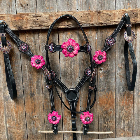 Black Basketweave Pink and Purple Browband/One Ear Tack Set