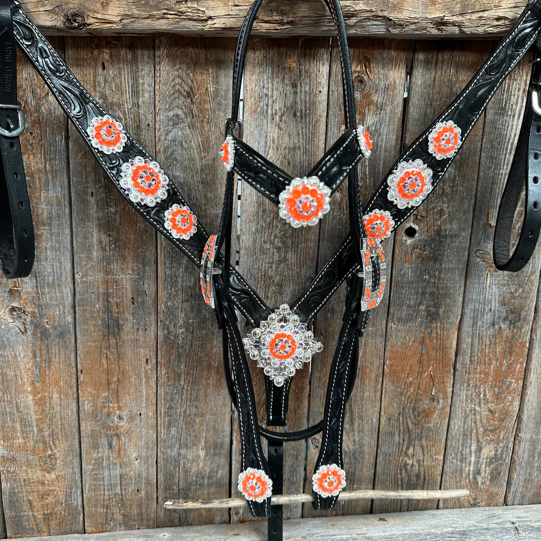 Black Floral Neon Orange Browband / Breastcollar Tack Set