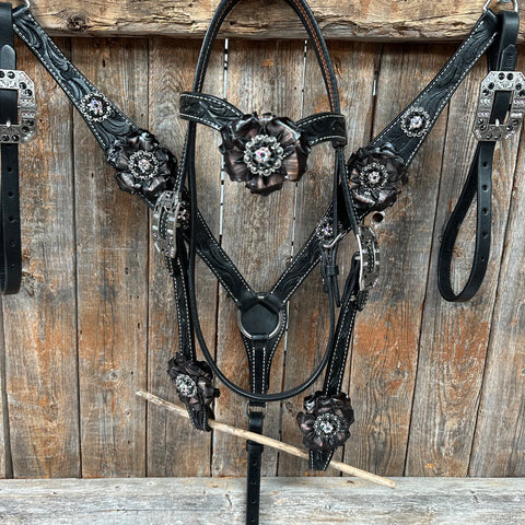 Black Floral Midnight Browband / Breastcollar Tack Set