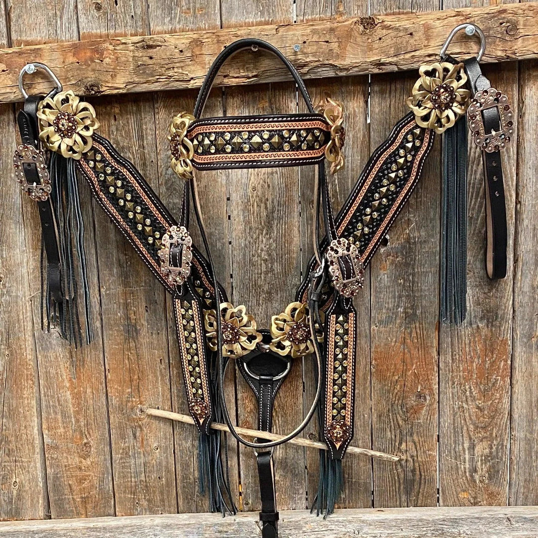 Two Tone Leather - Brass Studded Gold Browband / Breastcollar Tack Set