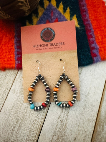 Navajo Multi Stone & Sterling Silver Beaded Hoop Earrings