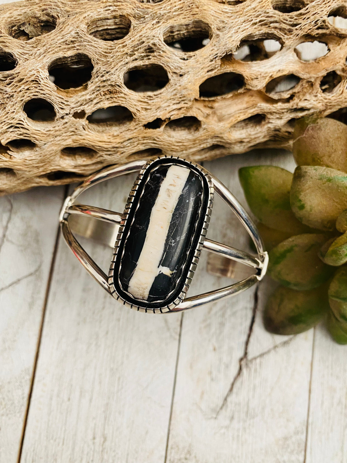 Navajo Sterling Silver & Zebra Jasper Cuff Bracelet Signed