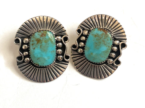 Navajo Sterling Silver & Royston Turquoise Post Earrings Signed