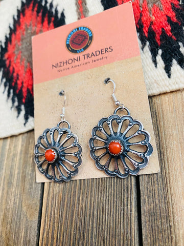 Navajo Coral & Sterling Silver Flower Dangle Earrings By Kevin Billah