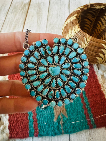 Navajo Kingman Turquoise & Sterling Silver Cluster Necklace