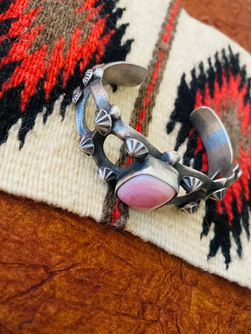 Navajo Queen Pink Conch Shell & Sterling Silver Cuff Bracelet By Chimney Butte