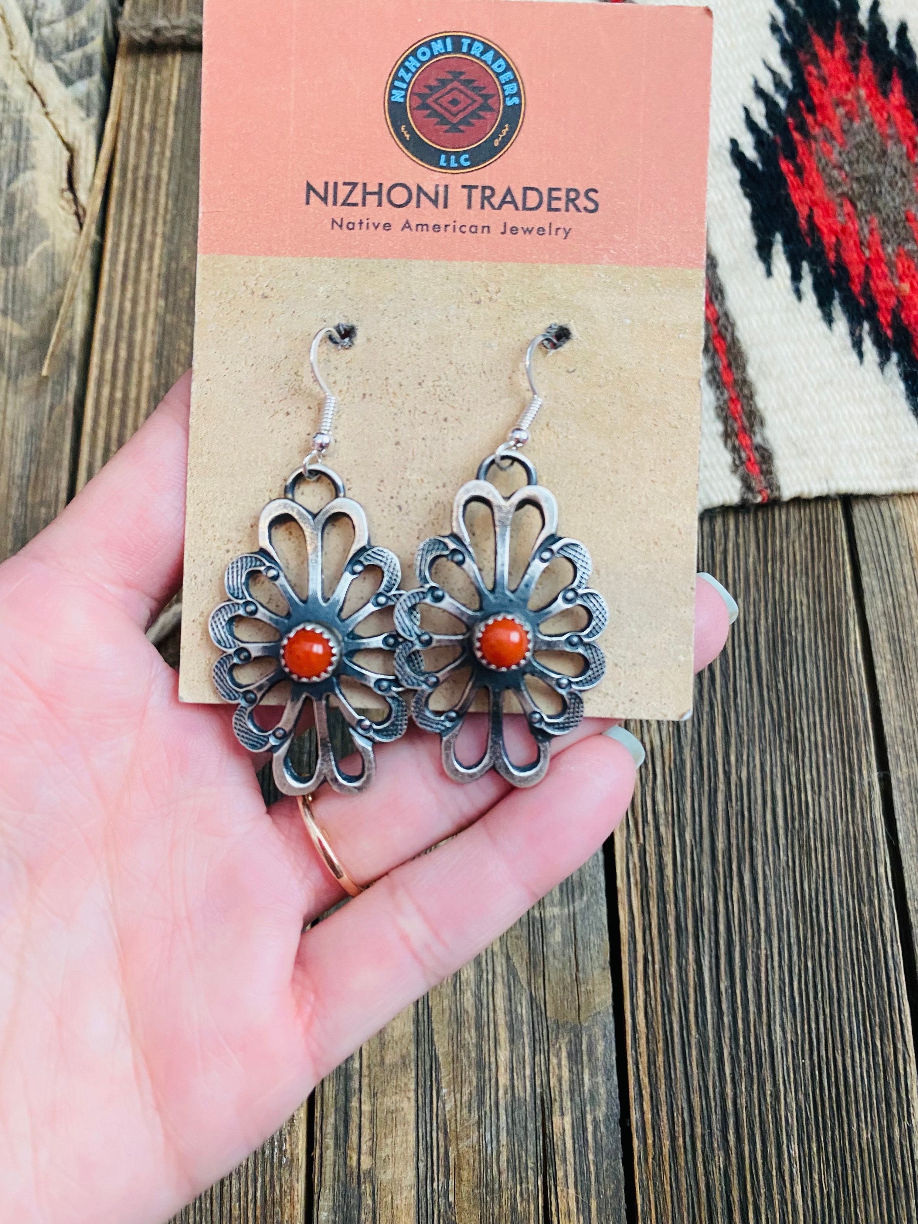 Navajo Coral & Sterling Silver Flower Dangle Earrings By Kevin Billah