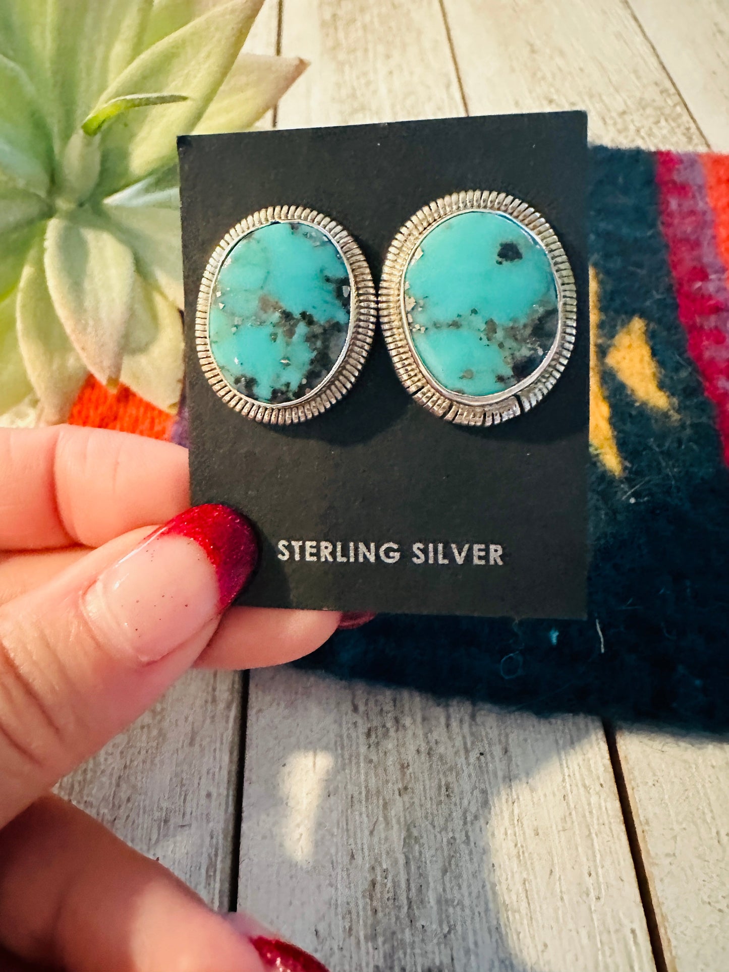 Navajo Morenci Turquoise and Sterling Silver Post Earrings by Wydell Billie