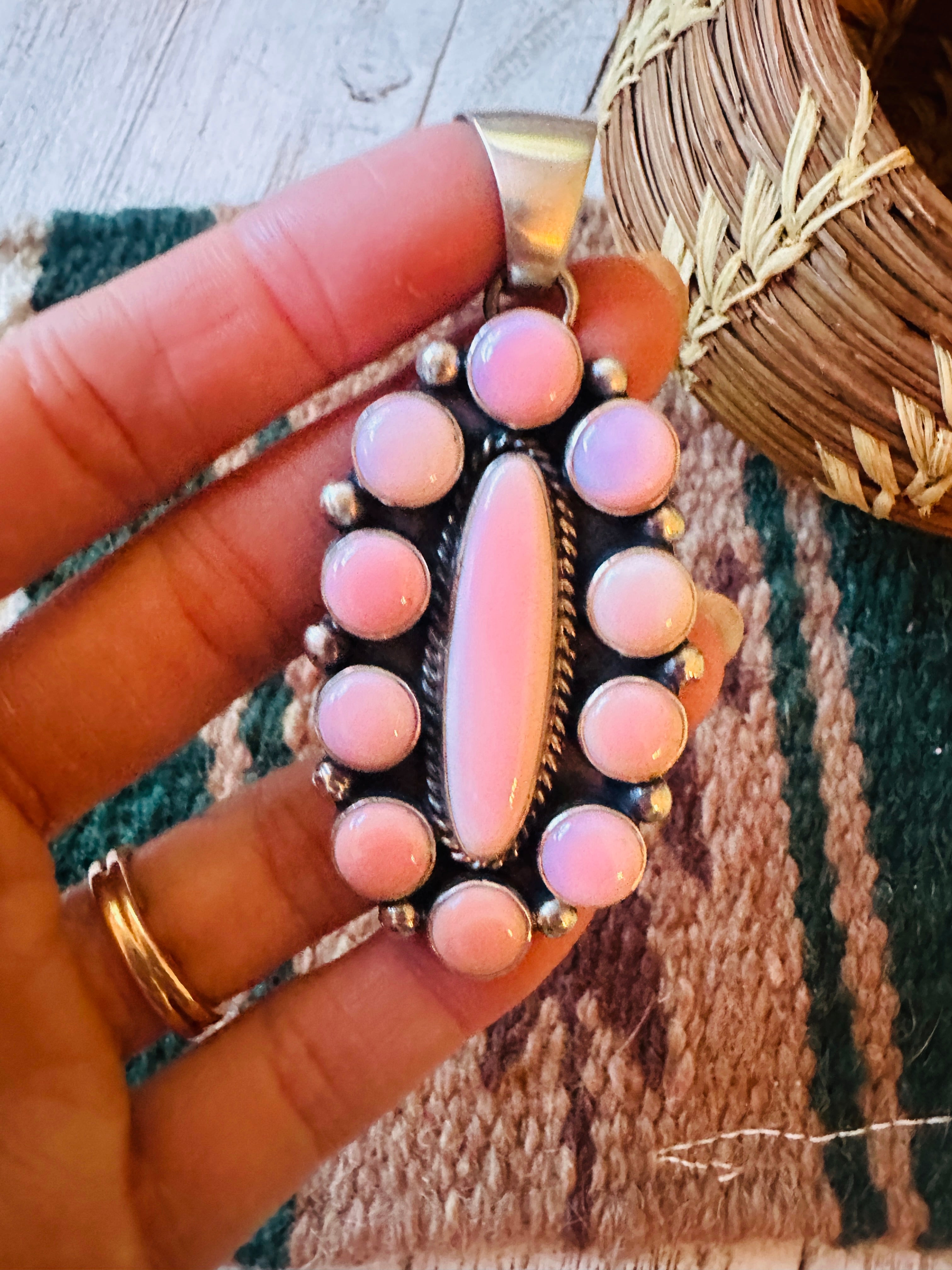 Navajo Queen Pink Conch Shell & Sterling Silver Cluster Pendant