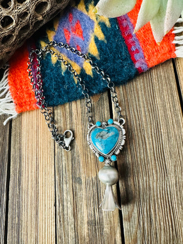 Navajo Sterling Silver & Turquoise Heart Blossom Necklace by Thomas Francisco