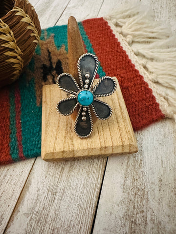 Navajo Sterling Silver And White Buffalo Adjustable Flower Ring