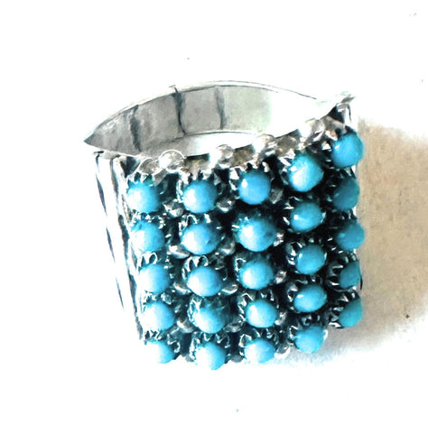 Zuni Sterling Silver & Turquoise Petit Point Ring Size 8.5