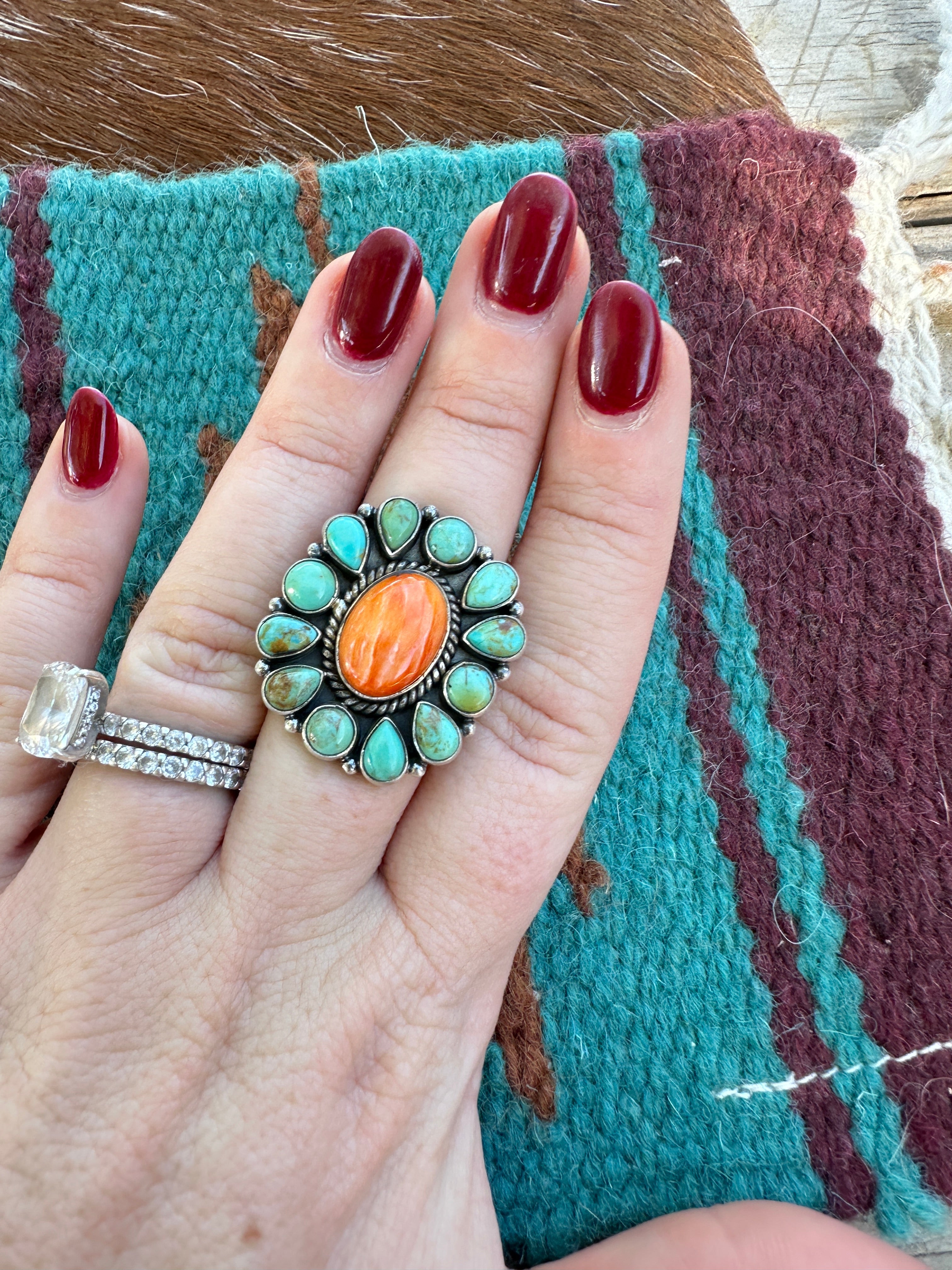 Beautiful Sterling Silver, Turquoise & Orange Spiny Adjustable Ring