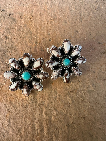 Handmade Sterling Silver, Wild Horse, Turquoise Post Cluster Earrings Signed Nizhoni