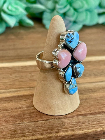 Beautiful Handmade Golden Hills Turquoise, Pink Conch And Sterling Silver Adjustable Ring