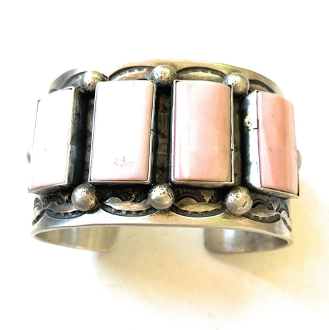 Navajo Queen Pink Conch Shell & Sterling Silver Cuff Bracelet Signed