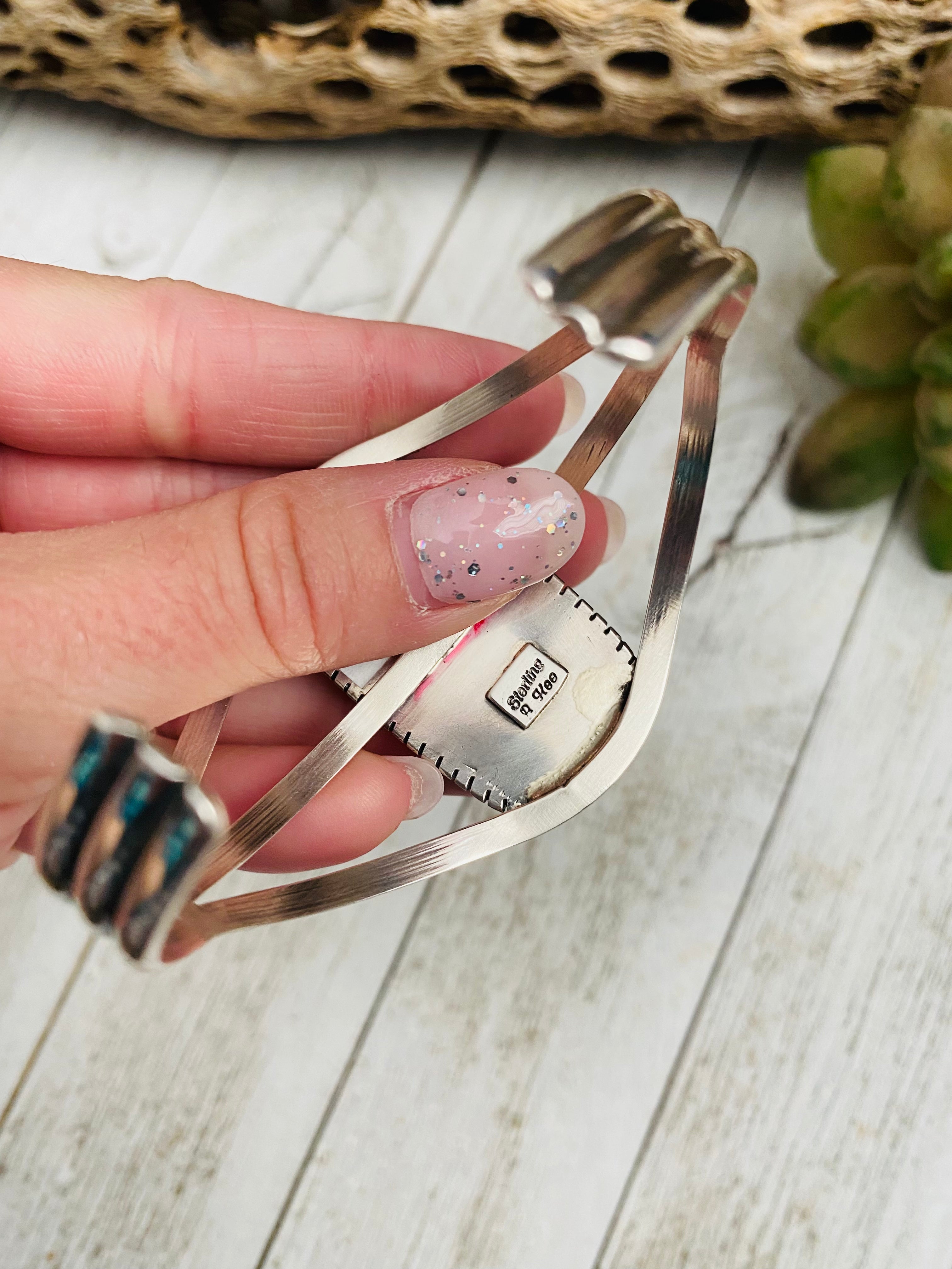 Navajo Sterling Silver & Zebra Jasper Cuff Bracelet Signed