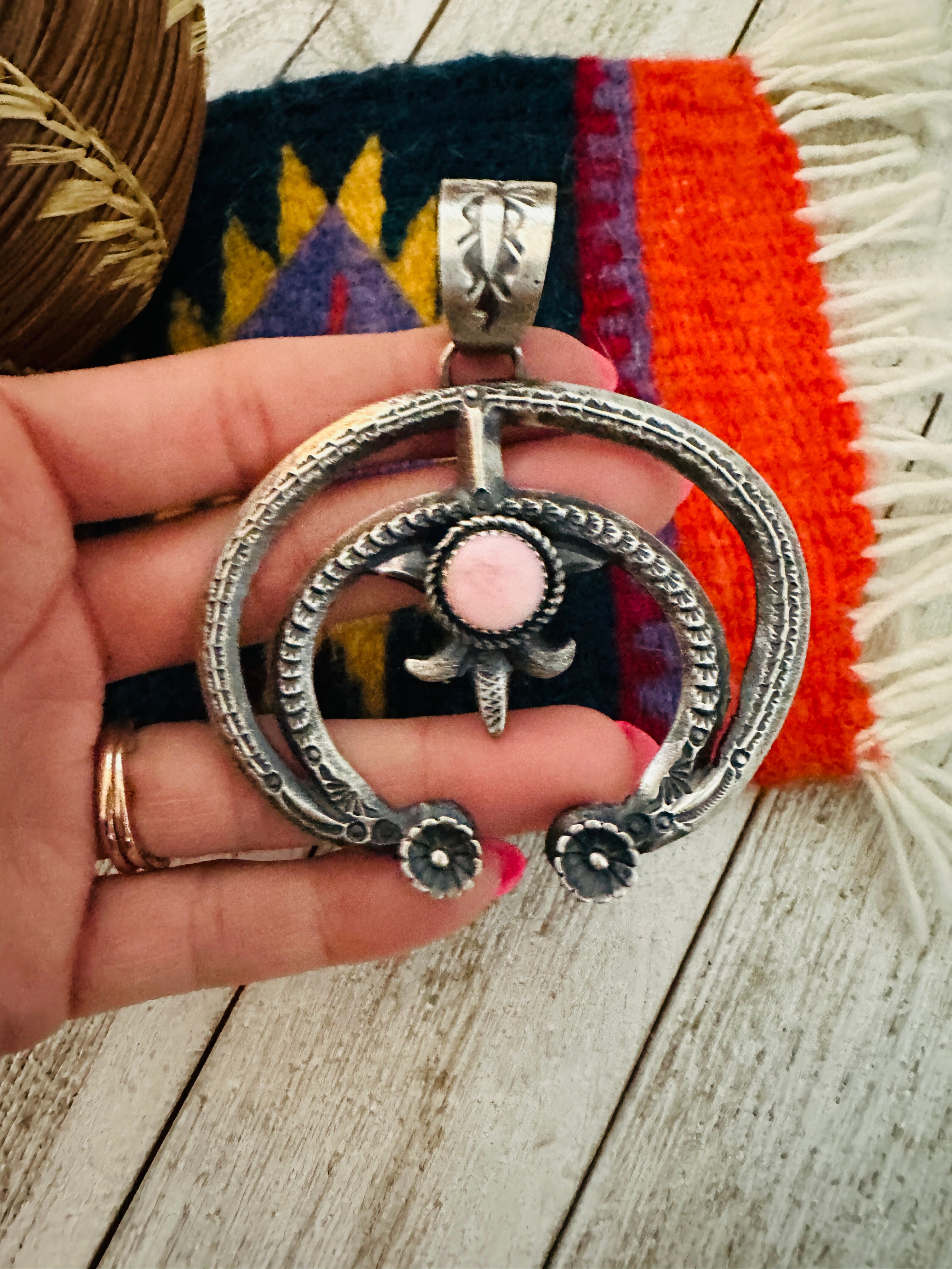 Navajo Queen Pink Conch Shell & Sterling Silver Naja Pendant