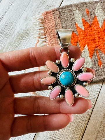 Navajo Queen Pink Conch, Turquoise & Sterling Silver Cluster Pendant