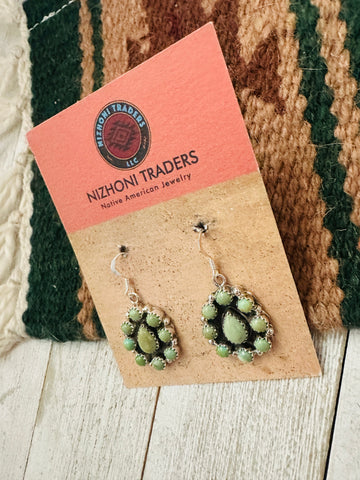 Navajo Sterling Silver & Green Turquoise Cluster Dangle Earrings