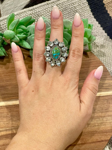 Beautiful Handmade Sonoran Mountain Turquoise , Cubic Zirconia And Sterling Silver Adjustable Ring