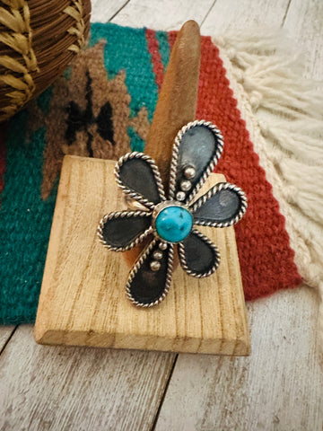 Navajo Sterling Silver And White Buffalo Adjustable Flower Ring