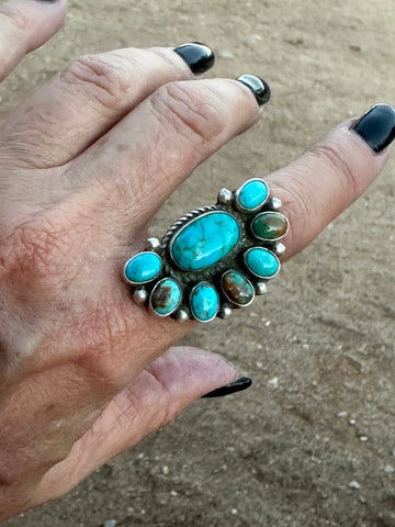 Navajo Kingman Turquoise & Sterling Silver Crescent Adjustable Ring