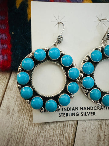 Navajo Sterling Silver & Sleeping Beauty Turquoise Cluster Dangle Earrings