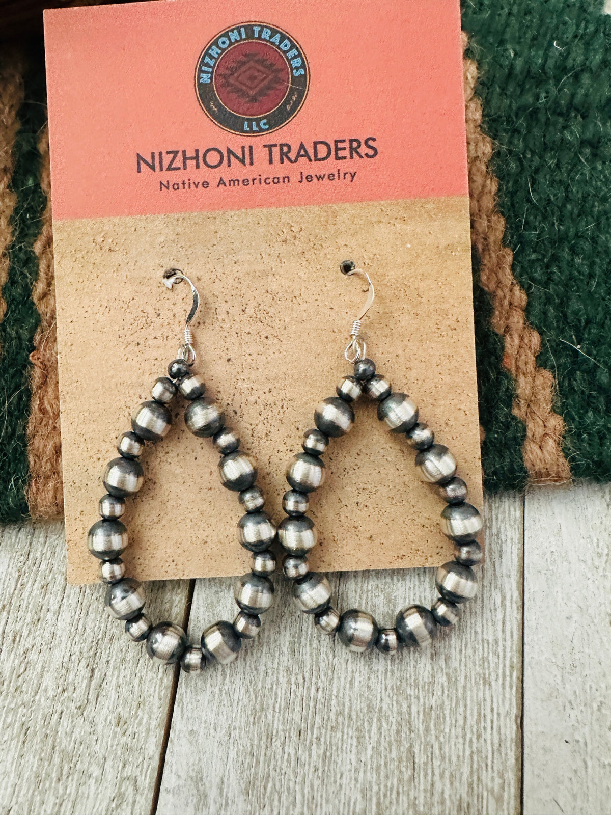 Navajo Sterling Silver Pearl Beaded Dangle Hoop Earrings