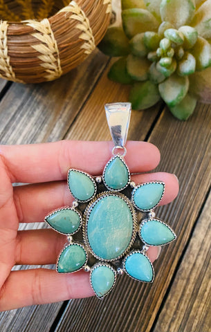 Navajo Sterling Silver & Kingman Turquoise Cluster Pendant Signed