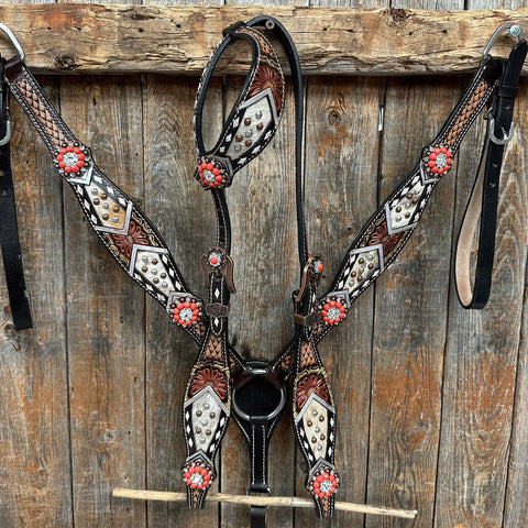 Cowhide Coral and Clear One Ear/ Breastcollar Tack Set