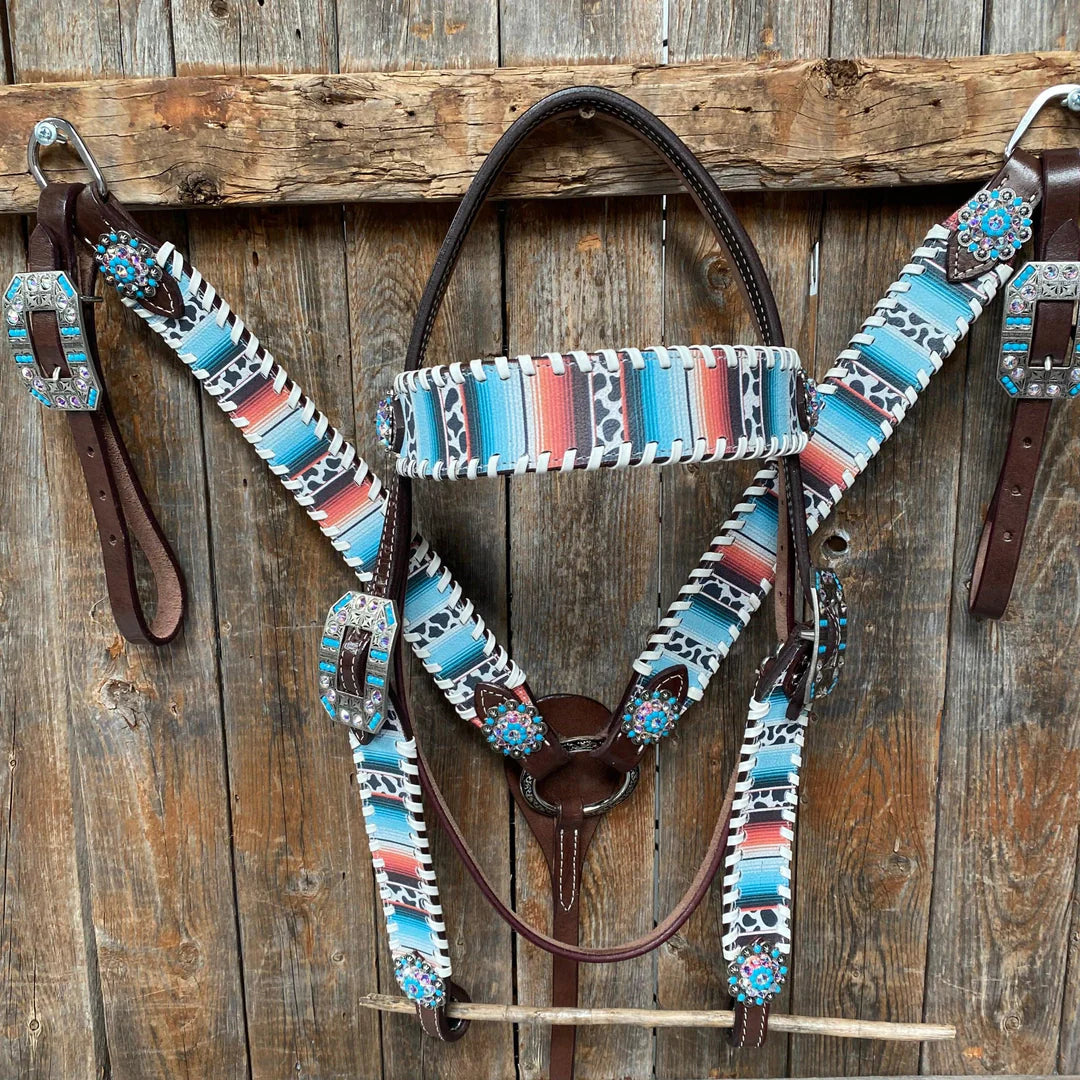 Cow Stripe Print Turquoise Headstall & Breastcollar Tack Set