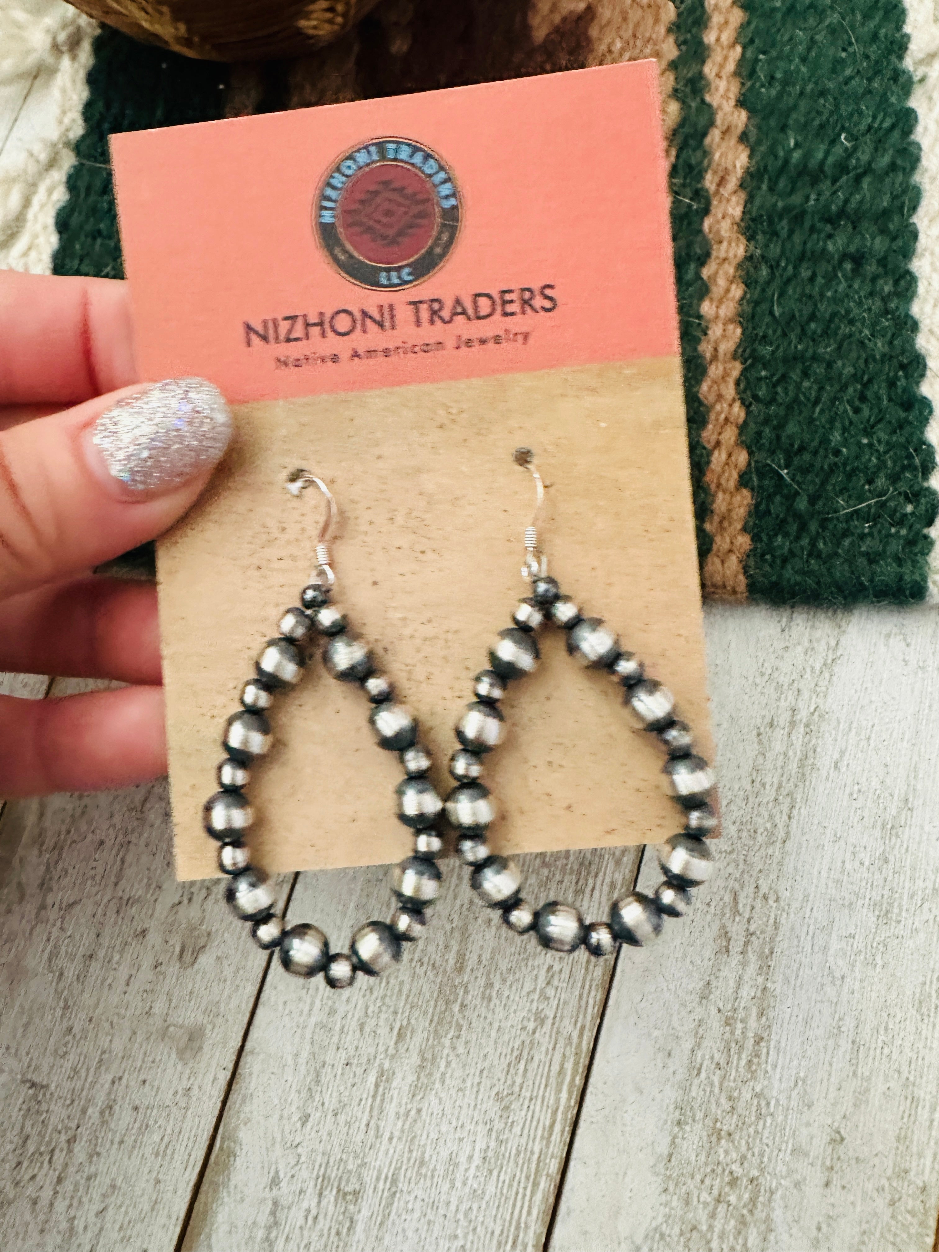 Navajo Sterling Silver Pearl Beaded Dangle Hoop Earrings