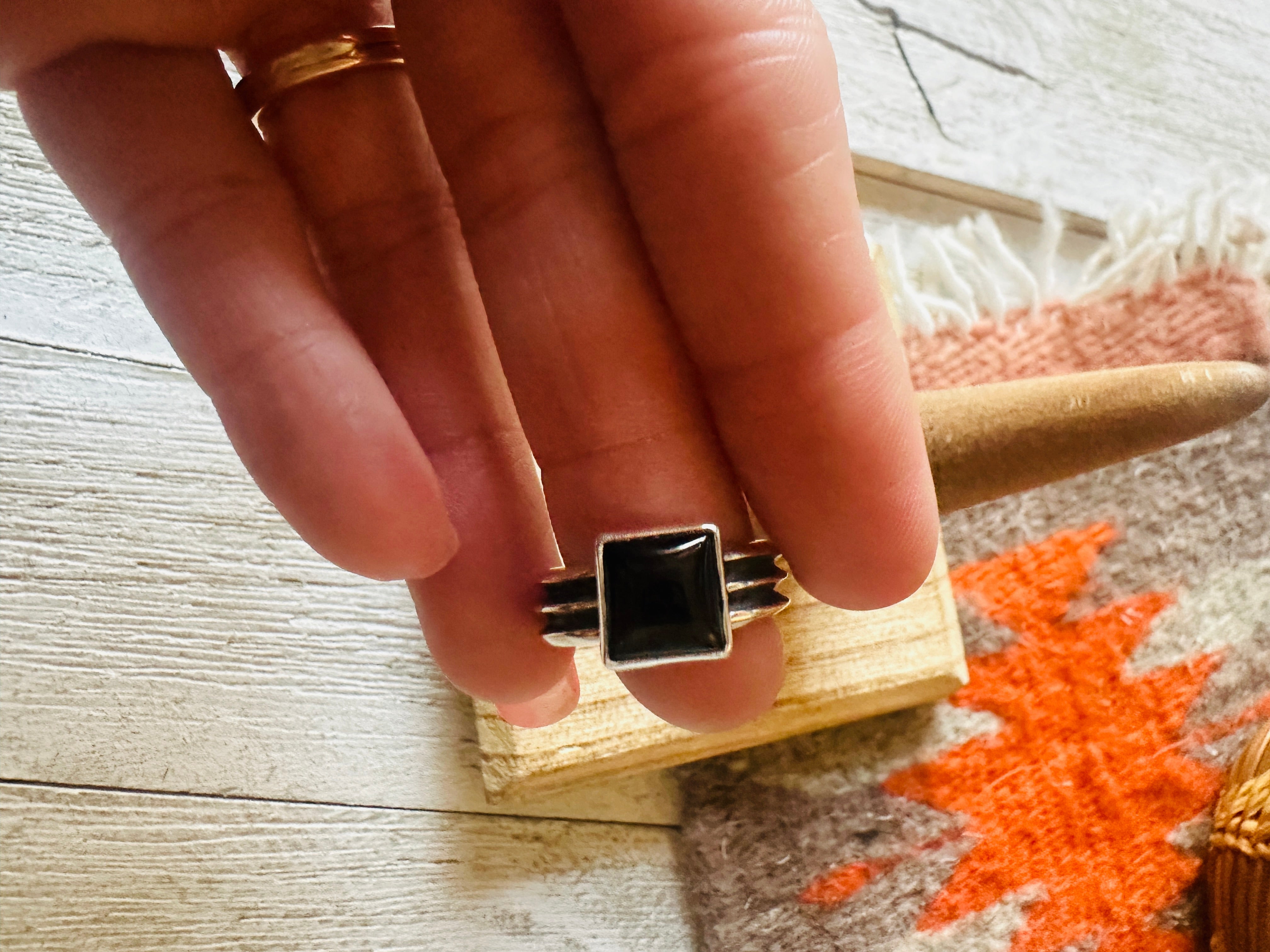 Navajo Onyx & Sterling Silver Square Ring Size 6