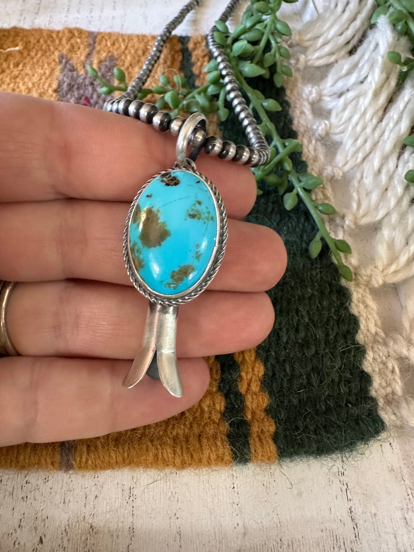 Navajo Sterling Silver & Turquoise Blossom Pendant Signed