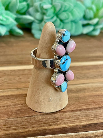 Beautiful Handmade Golden Hills Turquoise, Pink Conch And Sterling Silver Adjustable Ring