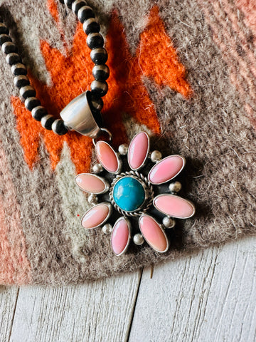 Navajo Queen Pink Conch, Turquoise & Sterling Silver Cluster Pendant