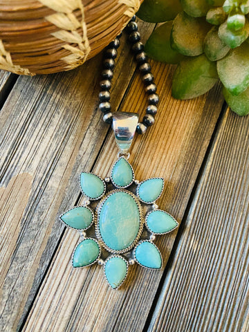 Navajo Sterling Silver & Kingman Turquoise Cluster Pendant Signed