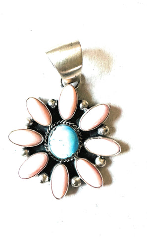 Navajo Queen Pink Conch, Turquoise & Sterling Silver Cluster Pendant