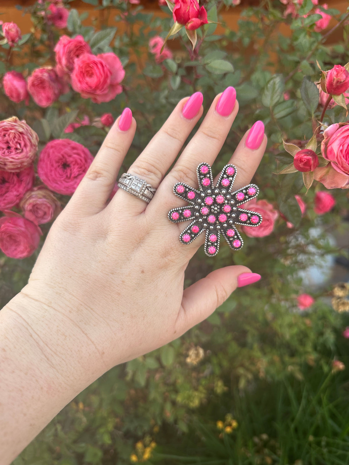 VALENTINES COLLECTION Handmade Fire Pink Opal and Sterling Silver Adjustable Ring