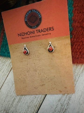 Zuni Coral & Sterling Silver Shadowbox Stud Earrings