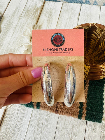 Navajo Hand Stamped Sterling Silver Hoop Earrings