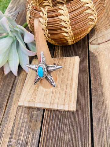 Navajo Turquoise & Sterling Silver Star Ring Size 7.5 Signed