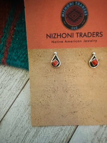 Zuni Coral & Sterling Silver Shadowbox Stud Earrings