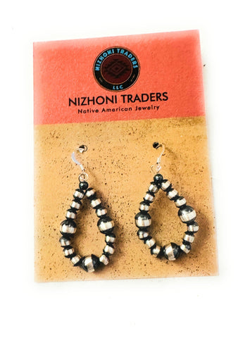 Navajo Sterling Silver Pearl Beaded Dangle Hoop Earrings